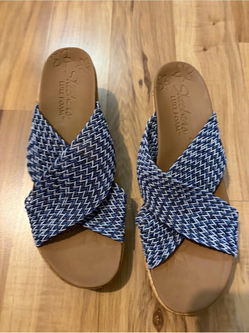 Blue Skechers Woven Cross‑Band Slide Sandals .Luxe Foam